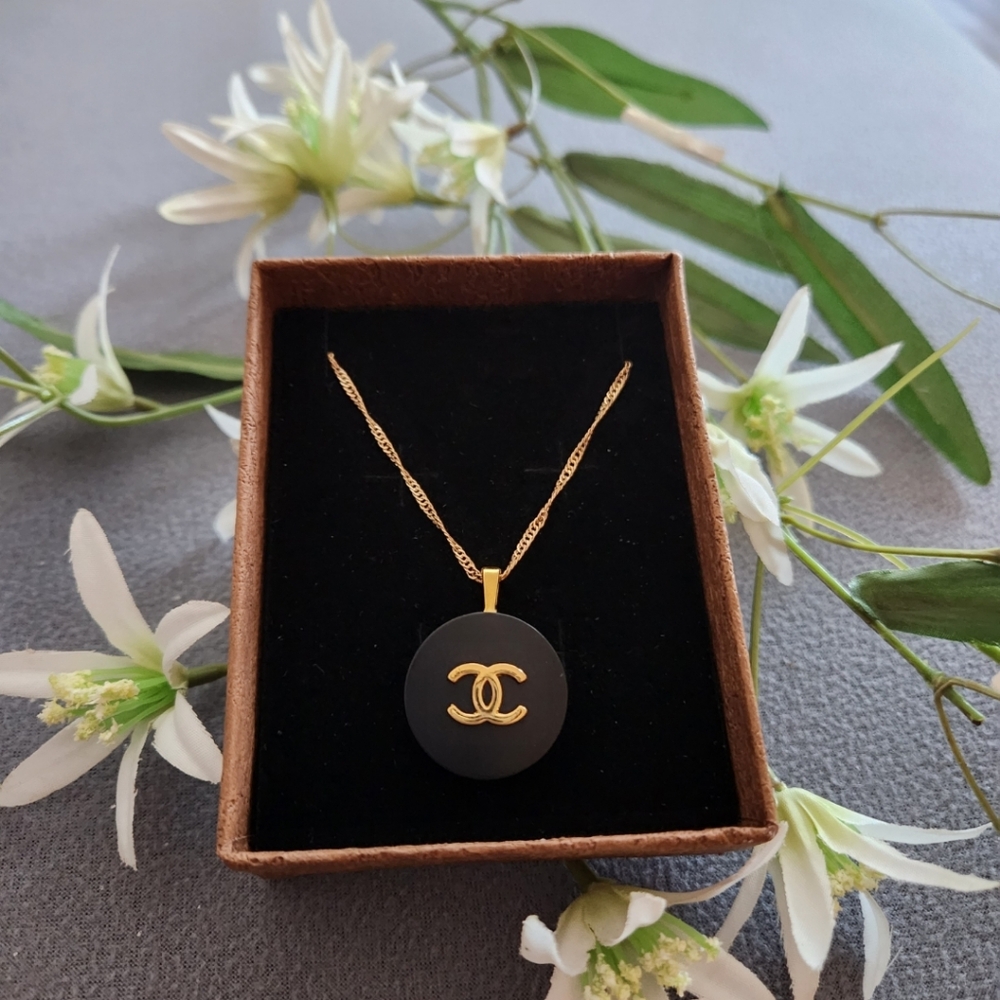Chanel Black and Gold Necklace Button Designer Homemade